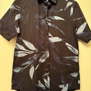 Alfani Black Short-Sleeve Button-Down Shirt with Blue Leaf Print